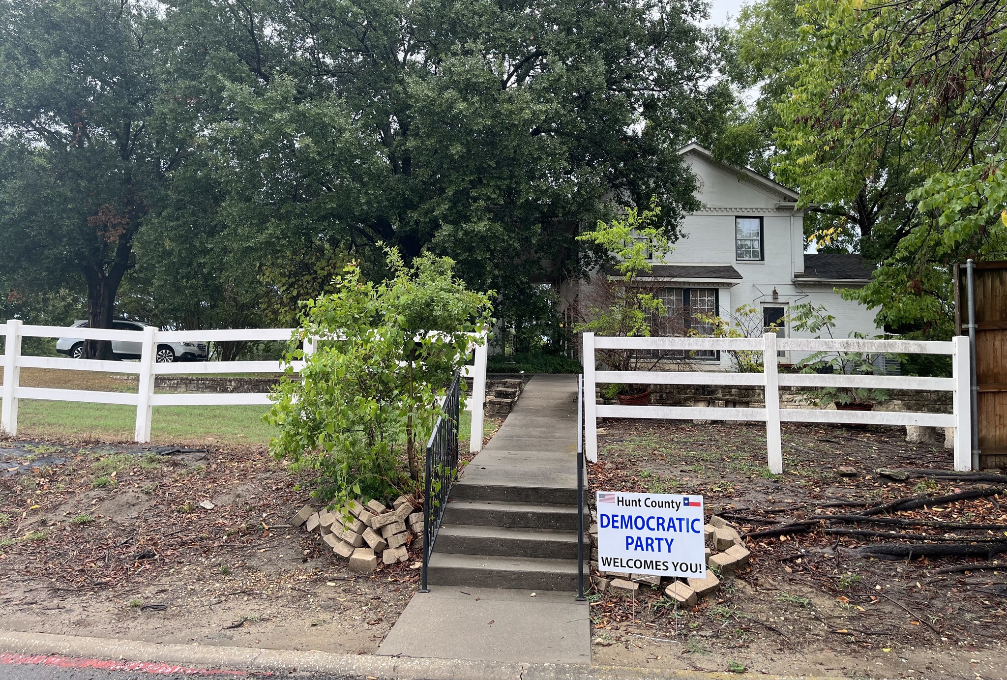A Hunt County Democrats yard sign marks the site of the monthly meeting.